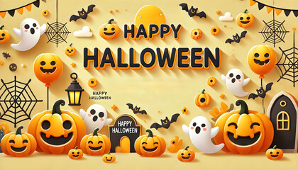 Wall Mural - The “Happy Halloween” banner templates in 2D composition with pumpkins, a Jack-o’-lantern, and cute spooky elements on a yellow light background. 