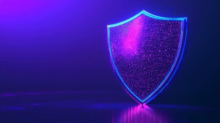 In a futuristic cybersecurity concept, a glowing shield icon represents data protection and privacy on a digital interface background.