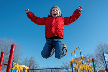 Young boy is happily jumping in the air at a playground on a sunny day