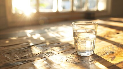 Wall Mural -   A glass of water on a wooden table, bathed in sunlight streaming through the window and featuring a window sill in the backdrop