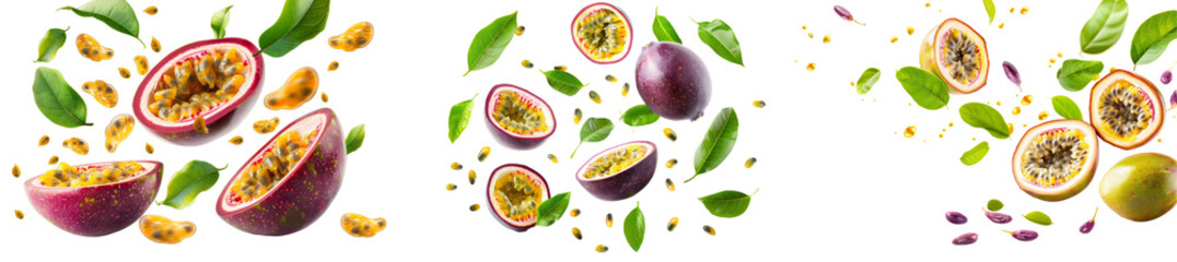 Wall Mural - Collection of passion fruit with half slices and seed falling in the air with leaves isolated on white or transparent background