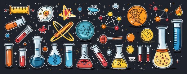 Wall Mural - Hand-drawn laboratory flasks, test tubes, and atom illustrations in a playful, colorful design.