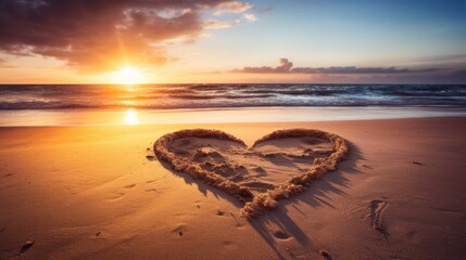 Wall Mural - Heart drawn in the sand on the beach at sunset. Heart shape. Neural network ai generated art