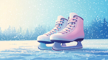 Wall Mural -   A painting of ice skates on a frozen pond during winter