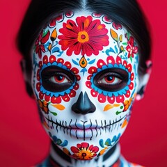 Vibrant day of the dead face paint art with colorful floral designs, striking contrast against a vivid background.