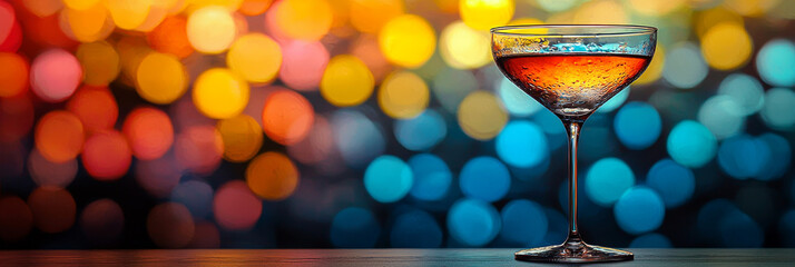 A glass of cocktail with a colorful bokeh background.