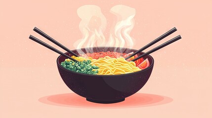 Sticker -   A bowl of noodles with chopsticks & broccoli on a pink background with smoke emanating from it