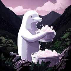 Wall Mural - White Dolphin Holding a Basket of Bubbles in the Forest