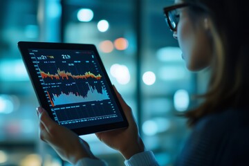 Wall Mural - A woman analyzes financial data on a tablet in a modern office during the evening, showcasing trends and insights