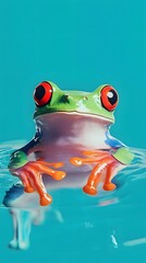 Green Tree Frog on Blue Background, Photo Realistic, Texture, Pattern Background, Wallpaper, Cover and Screen of Smartphone, PC, Laptop, 9:16 and 16:9 Format