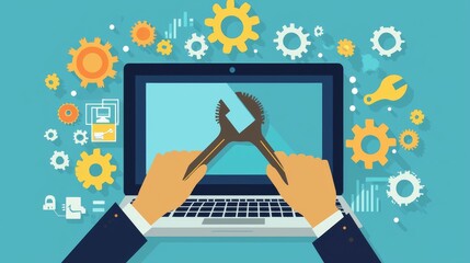 A user makes adjustments to a computer's user interface, sets personal pages, and repairs them. The user customizes the settings on the monitor. User personal page appears on a laptop screen.