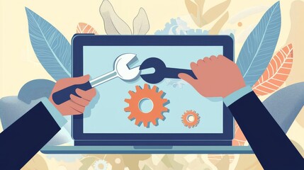 Concept of creating, setting personal pages, and repairing an interface. User customizes monitor settings. Laptop screen with users' personal pages.