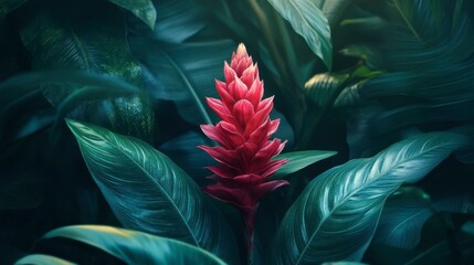 A stunning red ginger flower standing out in a lush tropical garden, surrounded by large leaves.