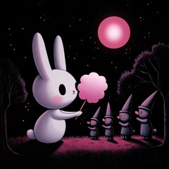 Poster - Cute Bunny Rabbit with Cotton Candy and Gnomes Under a Full Moon