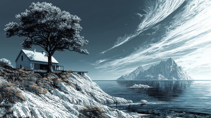 Wall Mural - A small white house sits on a cliff overlooking the sea with mountains in the distance.