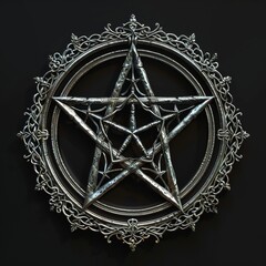 Intricate silver pentagram medallion with ornate design

