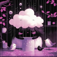 Wall Mural - Cute Cartoon Animal Taking A Bath in the Rain