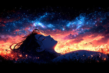 Wall Mural - A woman is laying in a field of grass with a beautiful sunset in the background