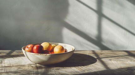 Wall Mural -   A bowl of fruit sits on a wooden table, casting a shadow on the wall behind