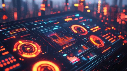 Graphs and data analytics are displayed in a futuristic urban setting at night.