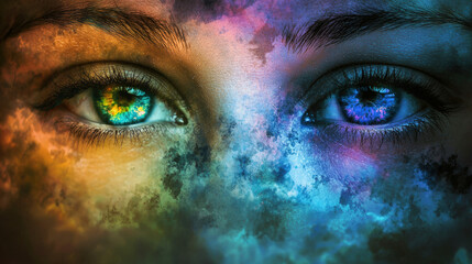 Wall Mural - A serene face with universe reflected in eyes, showcasing vibrant colors and cosmic patterns. This image evokes sense of wonder and connection to cosmos