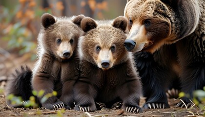 Adorable Eurasian brown bear cub snuggling with its caring mother in a warm, intimate moment