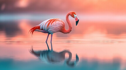 Wall Mural -   A flamingo stands in the water, submerging its head and legs