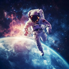 Wall Mural - graphics of space, planets, and astronauts on a white background.