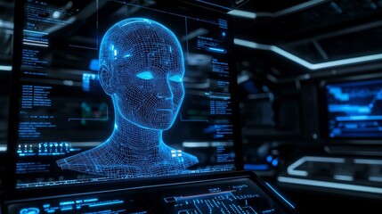 On screen, a digital human head with blue light, a futuristic interface, and code.