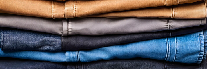 Pairs of Pants Neatly Stacked with Thick Jeans Fabric | Durable Denim and Organized Display