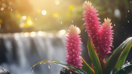 Bright pink ginger flowers blooming by a waterfall, with droplets of water catching the sunlight.