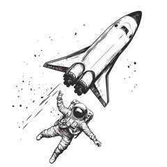 Wall Mural - graphics of space, planets, and astronauts on a white background.
