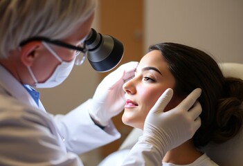 Skin Analysis With a bright light positioned over the patient th