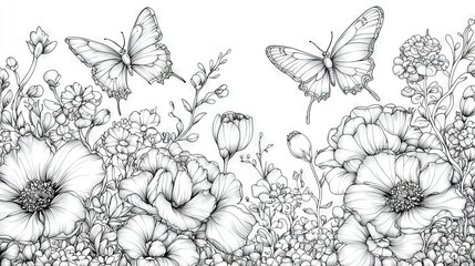 Wall Mural -   Black and white artwork of a flower field with a butterfly soaring above in the foreground