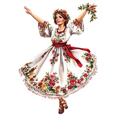 Wall Mural - Woman in Traditional Ukrainian Folk Costume Dancing with Flowers.