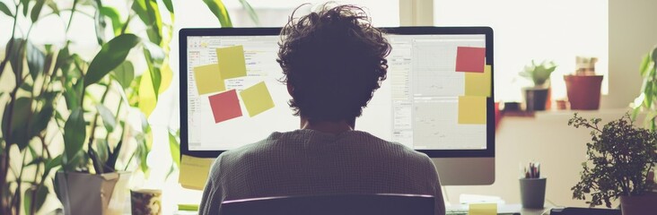 An office banner of a startup UX developer or UI designer designing UI prototypes for a mobile application or website with software displayed on a laptop monitor
