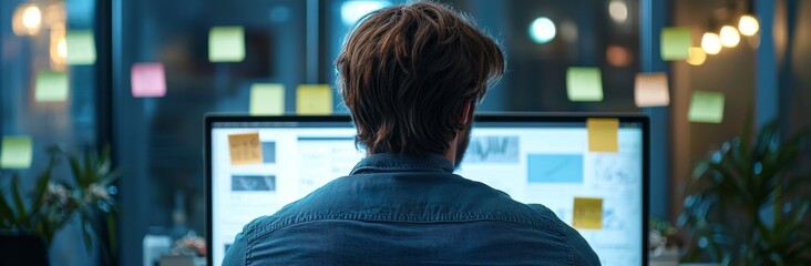 Startup or company UX developer design UI prototype for mobile application or website software with software displayed on laptop monitor in office.