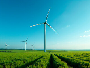 Wind turbine majestically standing in the green fields under a clear blue sky, exemplifying the harnessing of renewable energy resources in harmony with the natural environment