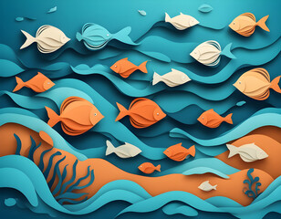 Wall Mural - Fishes layered shape wavy ocean underwater background