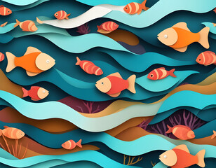 Wall Mural - Fishes layered shape wavy ocean underwater background