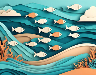 Wall Mural - Fishes layered shape wavy ocean underwater background