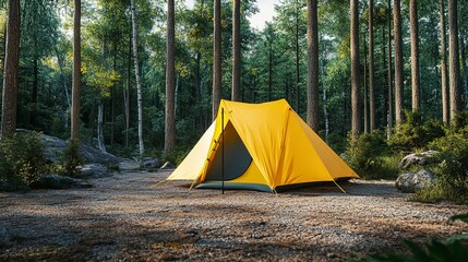 Wall Mural - yellow tent at forest campsite, outdoor leisure adventure 