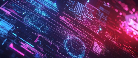 In a high-tech environment, a futuristic digital interface displays vivid data visualizations and complex analytics.