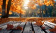 © Dalibor - Rustic wooden table surface with orange leaves, blurred autumn forest background and warm sunlight. Free copy space for text.