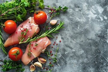 Raw chicken breast fillets with herbs and spices on grey background