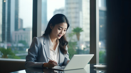 young businesswoman using laptop at office