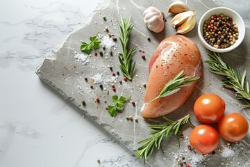 Raw chicken breast lying on grey board with tomatoes and rosemary sprigs