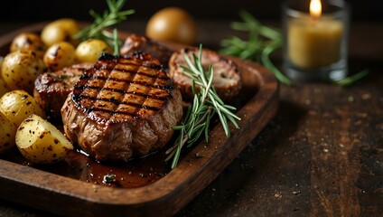 Grilled meat with potatoes and rosemary.