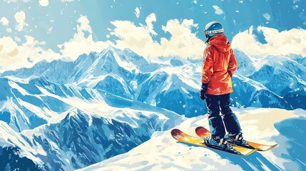 Wall Mural - woman - snowboarder against the background of snowy mountains and ski resort. 