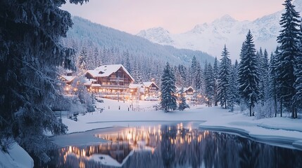 Poster - Winter mountains and forest at a ski resort and in a luxury eco hotel, chalet during vacation and winter holidays.